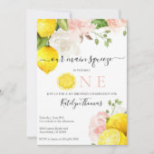 ピンクの花の付いたレモンの誕生日招待状 招待状 (正面)