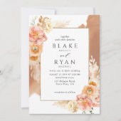 ピンクの花の優しい色合いと、テラコッタの水彩画のようなウェディング 招待状 (正面)