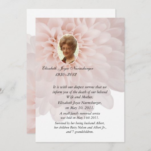 ピンクの花の写真の死の発表カード 案内状 (正面/裏面)