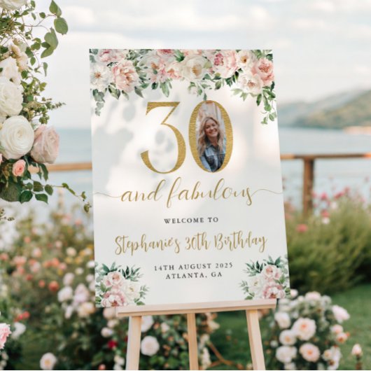 ピンクの花の写真付き30歳の誕生日ウェルカムサイン ポスター