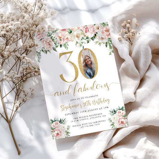 ピンクの花の写真付き30歳の誕生日招待状 招待状