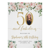 ピンクの花の写真入り50歳の誕生日ウェルカムサイン ポスター (正面)