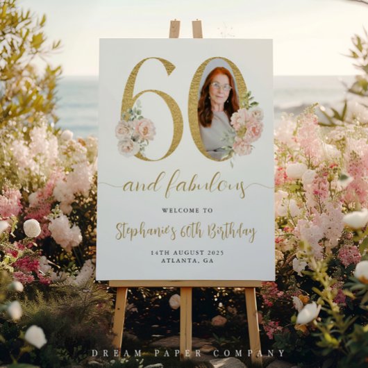 ピンクの花の写真入り60歳の誕生日ウェルカムサイン ポスター