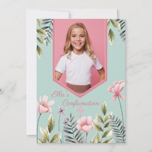 ピンクの花の写真確認招待状 招待状 (正面)