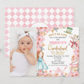 ピンクの花の写真 アリスインワンダーランド 1歳の誕生日 招待状 (正面/裏面)