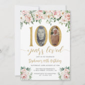 ピンクの花の写真 100歳の誕生日招待状 招待状 (正面)