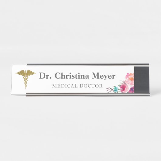 ピンクの花の医学のケリュケイオンの机の名札 デスクネームプレート (正面)