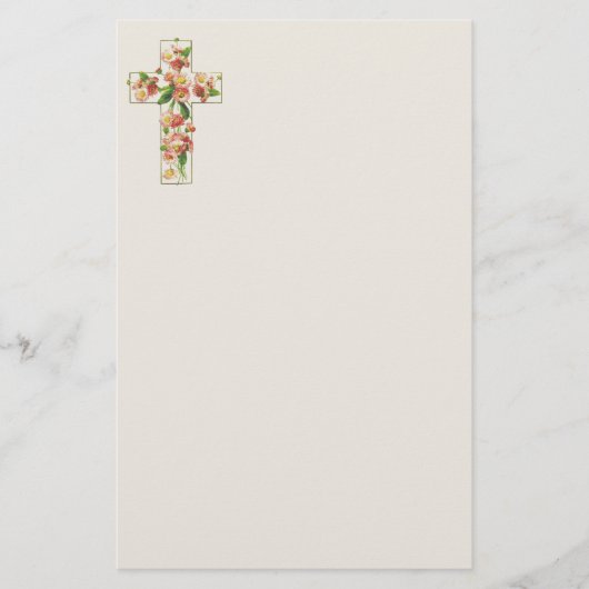 ピンクの花の十字文房具 便箋 (正面)