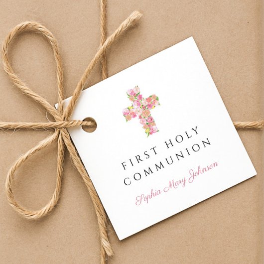 ピンクの花の十字架の少女、初めての聖体拝領、 フェイバータグ