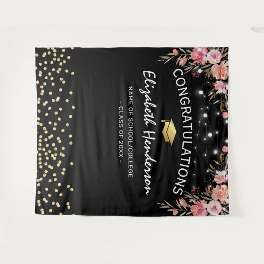 ピンクの花の卒業写真用背景 タペストリー (正面(横))