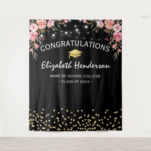 ピンクの花の卒業写真用背景 タペストリー (正面)