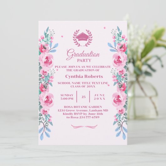 ピンクの花の卒業招待状 招待状 (スタンド正面)