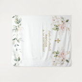 ピンクの花の双子の女の子の1歳の誕生日と洗礼 タペストリー (正面(横))