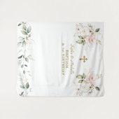 ピンクの花の双子の女の子 1歳の誕生日と洗礼 タペストリー (正面(横))