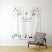 ピンクの花の双子の女の子 1歳の誕生日と洗礼 タペストリー (インサイチュ)