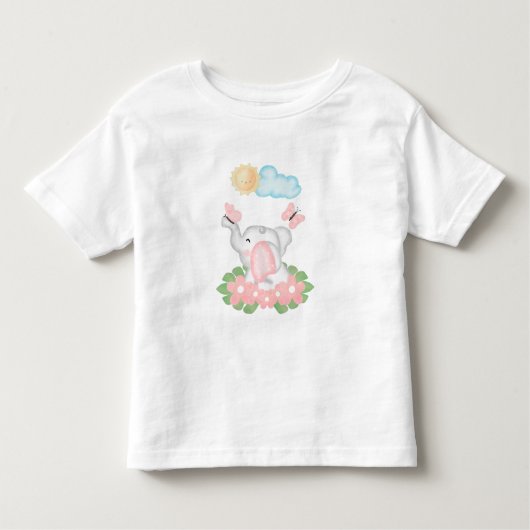 ピンクの花の可愛い赤ちゃん象 トドラーTシャツ (正面)