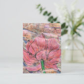 ピンクの花の地図と文字のミックスメディアコラージュ ポストカード (スタンド正面)