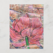 ピンクの花の地図と文字のミックスメディアコラージュ ポストカード (正面)