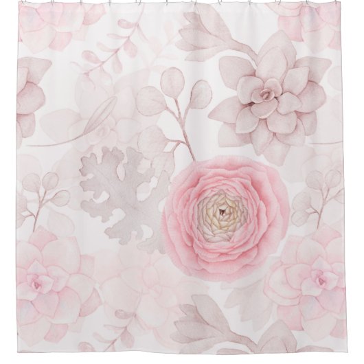 ピンクの花の多肉性イラストレーション夏のパターン シャワーカーテン (正面)