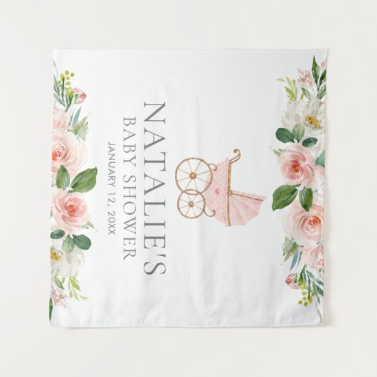 ピンクの花の女の子のベビーシャワー背景タペストリー タペストリー (正面(横))