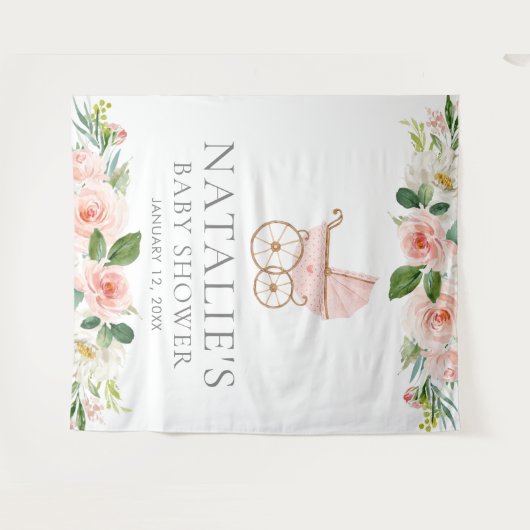 ピンクの花の女の子のベビーシャワー背景タペストリー タペストリー (正面(横))