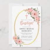 ピンクの花の女の子の洗礼 招待状 (正面)