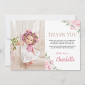 ピンクの花の女の子の誕生日写真ありがとうカード サンキューカード (正面)