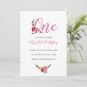 ピンクの花の女の子の1歳の誕生日パーティー 招待状 (スタンド正面)