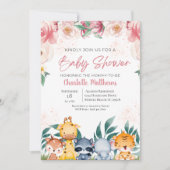 ピンクの花の女の子サファリジャングルの動物ベビーシャワー 招待状 (正面)