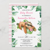 ピンクの花の女の子 かわいいナマケモノ 赤ちゃん歓迎会 招待状 (正面/裏面)