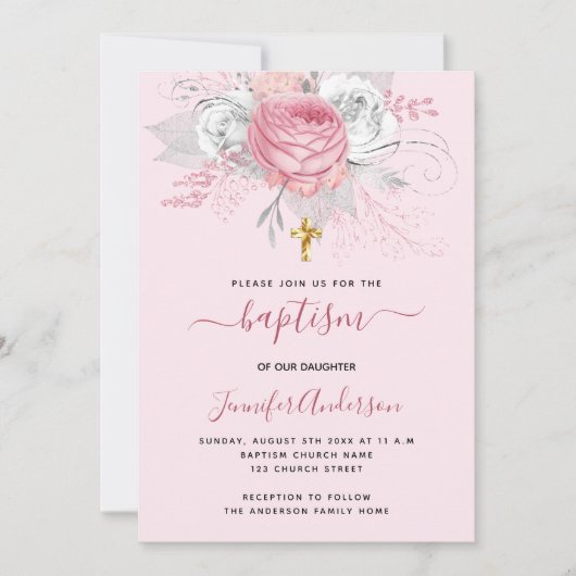 ピンクの花の女の子 ゴールドの十字架 洗礼 招待状 (正面)