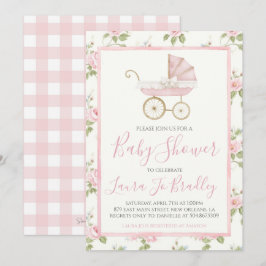 ピンクの花の女の子 プレッピーなサザン ベイビー シャワー 招待状