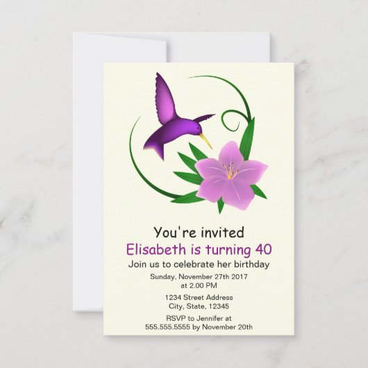 ピンクの花の女の誕生日パーティーを開くハチドリ 招待状 (正面)