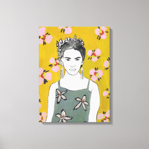 ピンクの花の女性-黄色 キャンバスプリント