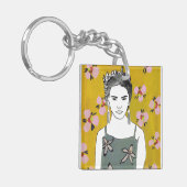 ピンクの花の女性 – 黄色 キーホルダー (正面左)