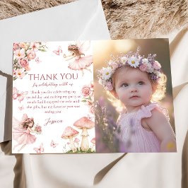 ピンクの花の妖精のファーストバースデー写真 サンキューカード