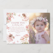 ピンクの花の妖精のファーストバースデー写真 サンキューカード (正面)