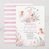 ピンクの花の妖精の初誕生日 招待状 (正面/裏面)