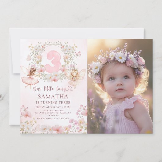 ピンクの花の妖精の庭 3歳の誕生日写真 招待状 (正面)