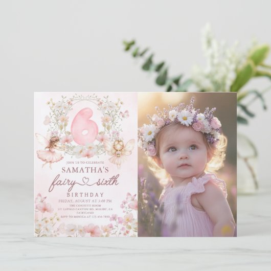 ピンクの花の妖精の庭 6歳の誕生日写真 招待状 (スタンド正面)