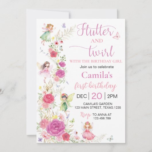 ピンクの花の妖精の誕生日 招待状 (正面)