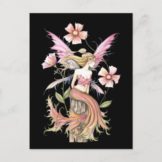 ピンクの花の妖精アート ポストカード (正面)