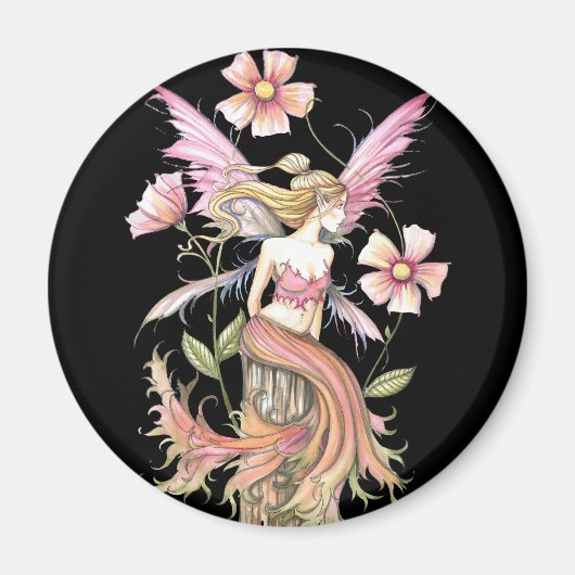 ピンクの花の妖精アート マグネット (正面)