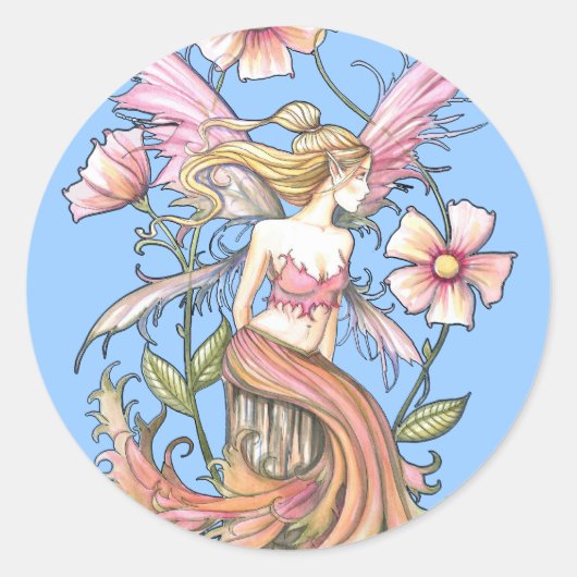 ピンクの花の妖精アート ラウンドシール (正面)