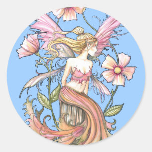 ピンクの花の妖精アート ラウンドシール