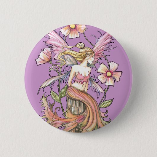 ピンクの花の妖精アート 缶バッジ (正面)