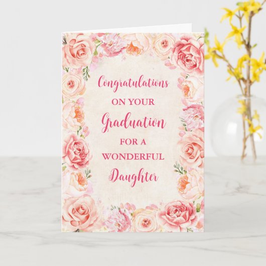 ピンクの花の娘さん卒業おめでとう カード (黄色い花)
