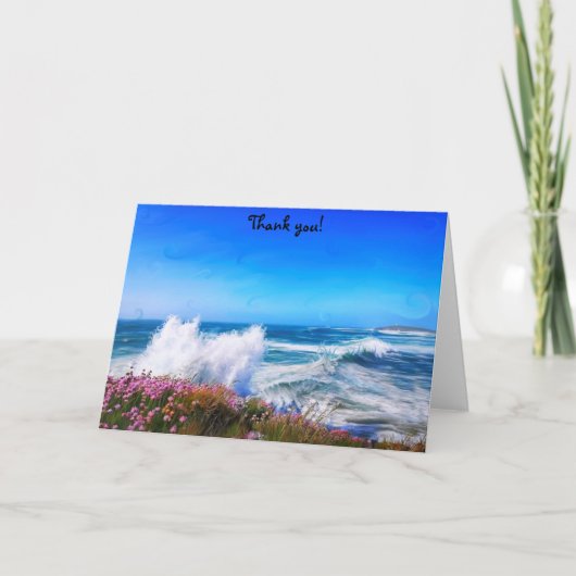 ピンクの花の崖に掛かる驚くべき波 カード (正面)