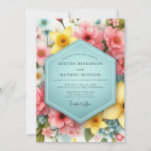 ピンクの花の幻想的なウェディング 招待状 (正面)