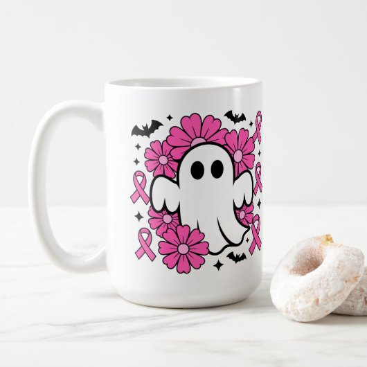 ピンクの花の幽霊 乳がん啓発 コーヒーマグカップ (ドーナツ)